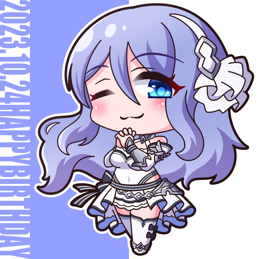 1girl ;3 absurdres bare_shoulders black_bow blue_background blue_eyes blue_hair blush bow breasts chibi closed_mouth commentary_request covered_navel detached_sleeves dress floating_hair full_body hair_between_eyes highres interlocked_fingers long_sleeves looking_at_viewer medium_breasts one_eye_closed outline own_hands_clasped own_hands_together princess_connect! saishosaisekojo shizuru_(princess_connect!) solo standing thighhighs two-tone_background vambraces white_background white_dress white_footwear white_outline white_sleeves white_thighhighs