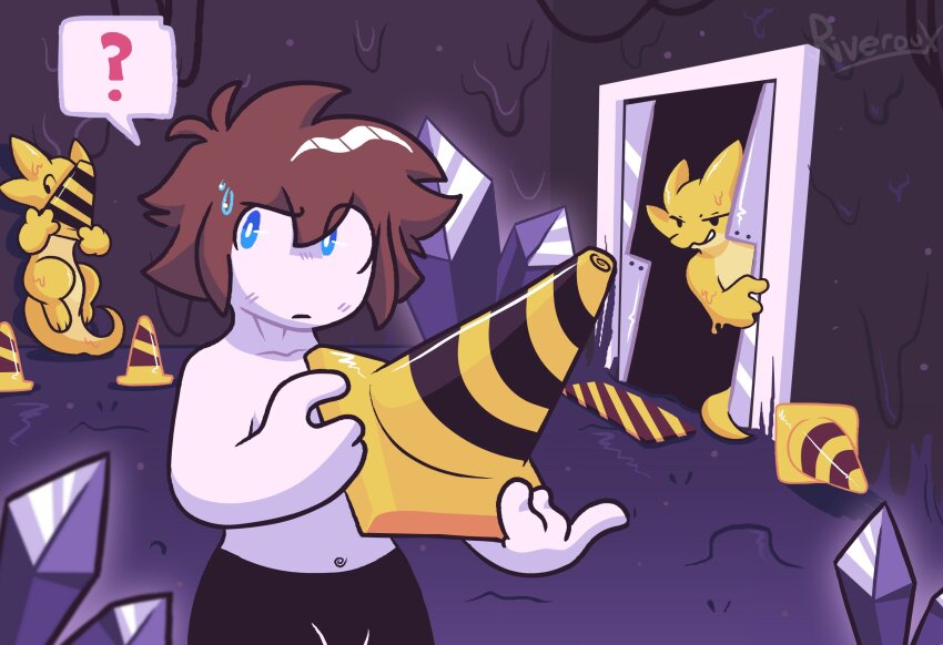 1boy 2others antenna_hair automatic_door black_background black_crystal black_eyes black_shorts blue_eyes brown_hair changed colored_skin covering_face crystal dark_latex_nest digitigrade dripping furry furry_with_non-furry hiding highres holding interspecies licking_lips lin_(changed) lizard lizard_tail multiple_others pale_skin raised_eyebrow riveroux short_hair shorts skeptical slime_(substance) slime_background standing_on_own_tail sweatdrop tail tongue tongue_out topless_male traffic_cone traffic_cone_lizard_(changed) yellow_skin yellow_tail