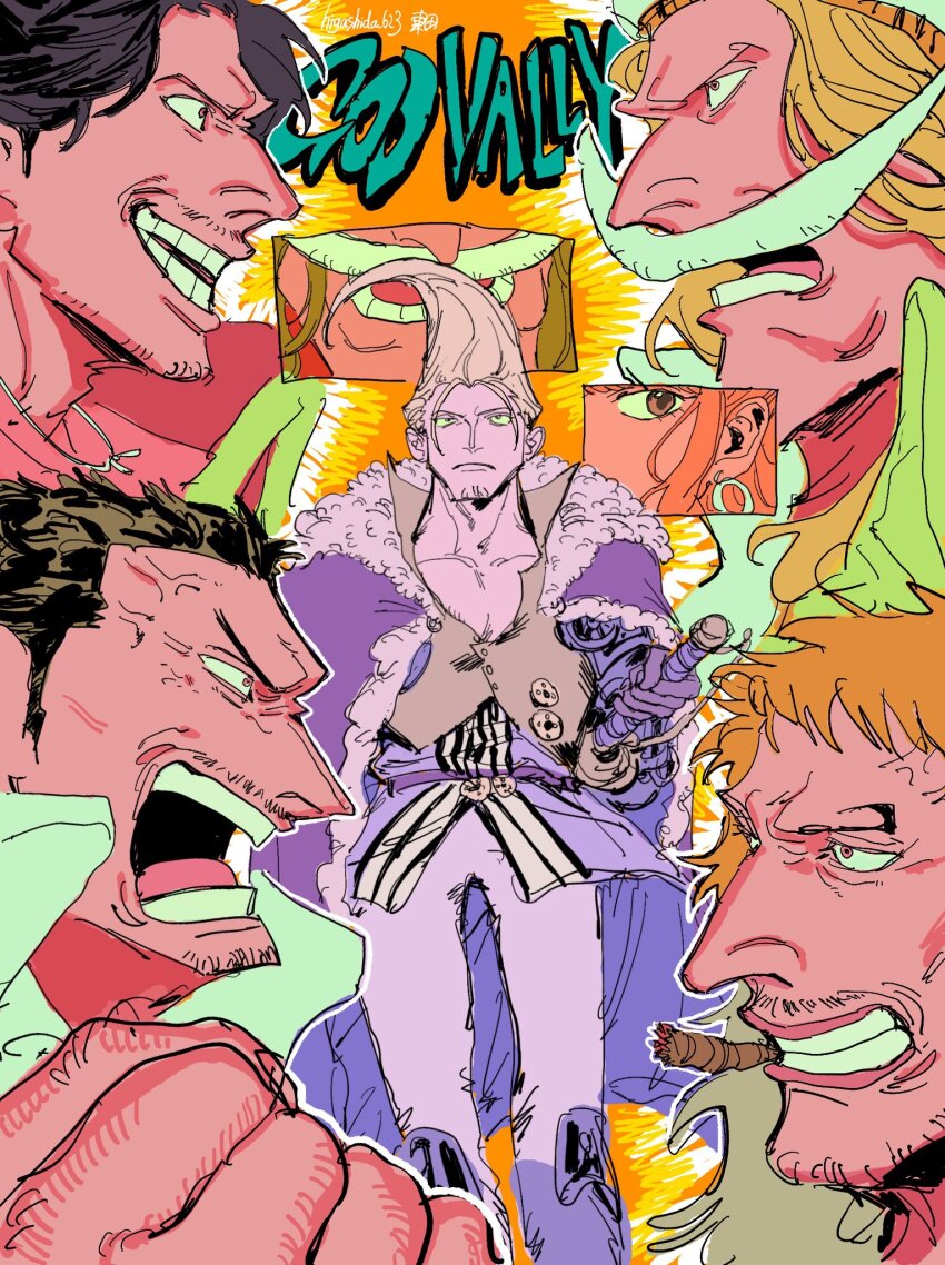 1girl 5boys beard_stubble black_hair blonde_hair boots cape cigar clenched_hand commentary_request earrings edward_newgate facial_hair figarland_garling gloriosa_(one_piece) gol_d._roger hair_up higashida_623 highres holding holding_sword holding_weapon jewelry kinjishi_no_shiki monkey_d._garp multiple_boys mustache one_piece open_mouth profile smile stubble sword veins weapon