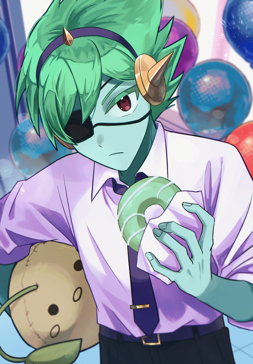 1boy absurdres alternate_costume balloon belt black_pants blue_necktie blue_skin captain_spaceboy character_doll closed_mouth collared_shirt colored_skin donut eyepatch food genk1zam4s green_hair highres long_sleeves looking_at_viewer male_focus necktie official_alternate_hair_color omori pants red_eyes shirt short_hair solo sprout_mole tie_clip white_shirt