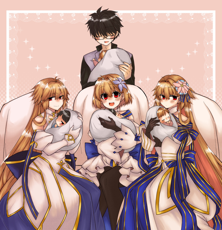2323astronomy absurdres archetype_earth archetype_earth_(third_ascension) arcueid_brunestud arcueid_brunestud_(mooncancer) baby dress fate/grand_order fate_(series) group_picture harem highres husband_and_wives if_they_mated long_hair medium_hair multiple_girls non-web_source siblings su----per_cute tohno_shiki tsukihime twins white_dress