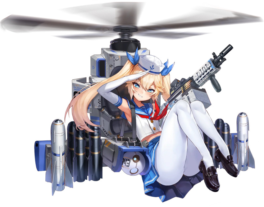 1girl agm-114_hellfire agm-65_maverick air-to-surface_missile ammunition ammunition_belt ammunition_box anti-tank_guided_missile anti-tank_missile armpits blue_sailor_collar blue_skirt blush elbow_gloves game_cg gloves grin gun hair_between_eyes hair_ribbon hat highres last_origin loafers looking_at_viewer machine_gun midriff missile mr.yun official_art panties pantyhose pleated_skirt precision-guided_munition propeller ribbon sailor sailor_collar sailor_hat salute shoes skirt smile smug solo striped_clothes striped_panties surface-to-surface_missile tachi-e thetis_(last_origin) thighhighs transparent_background twintails underwear weapon white_pantyhose