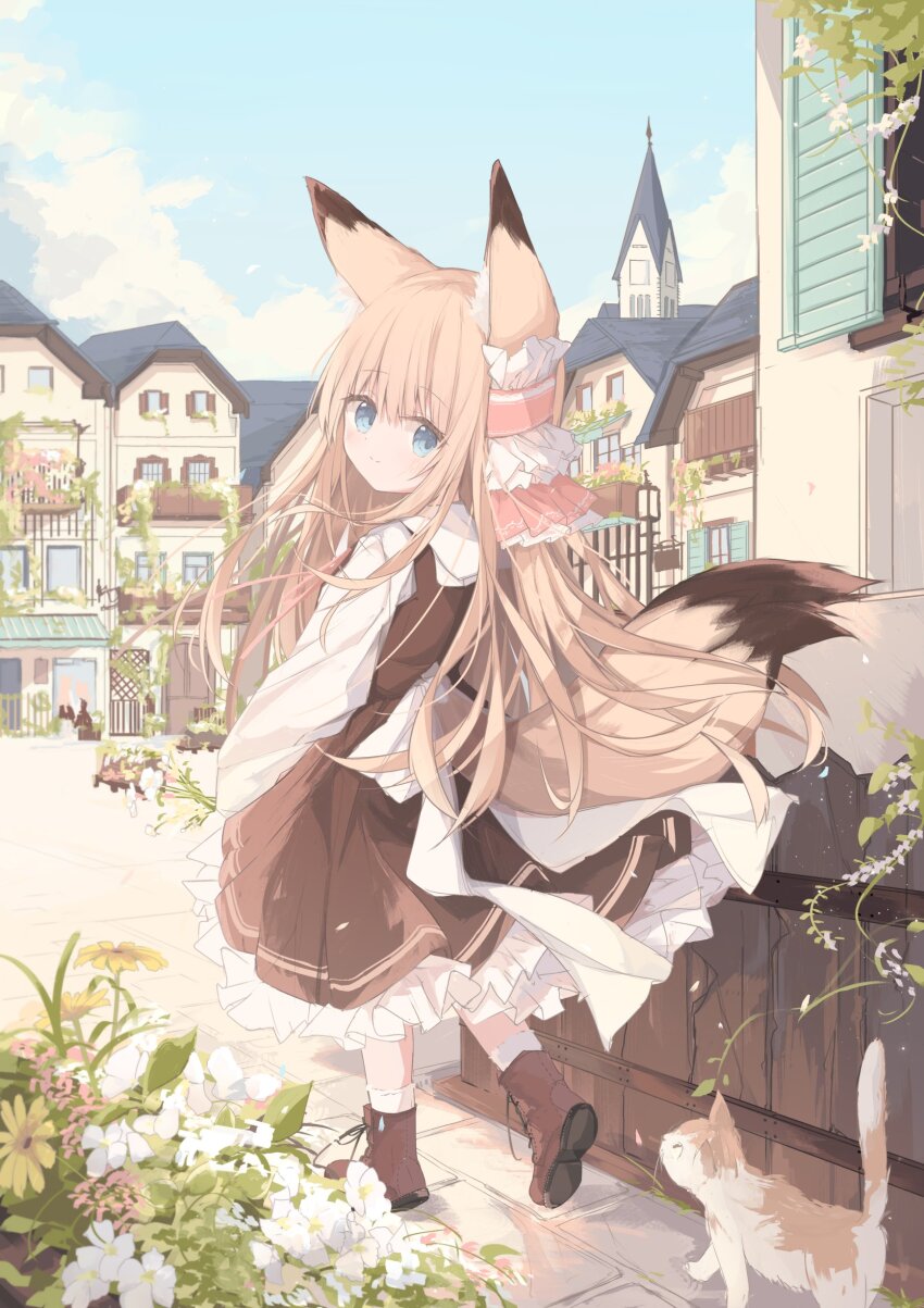 1girl absurdres animal animal_ears blue_eyes blue_sky blush boots brown_boots brown_dress brown_hair building cat closed_mouth clothing_cutout cloud commentary_request day dress flower fox_ears fox_girl fox_tail frilled_dress frills from_behind highres kushida_you long_hair long_sleeves looking_at_viewer looking_back original outdoors pink_flower puffy_long_sleeves puffy_sleeves shirt shoe_soles sky smile solo tail tail_through_clothes tower very_long_hair walking white_flower white_shirt window yellow_flower