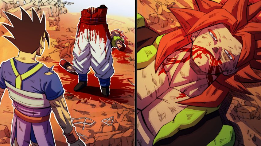 2boys after_battle black_footwear black_hair blood blood_on_clothes blood_on_mouth blue_sash blue_shirt blue_shorts cabba closed_mouth comic_panel_redraw commentary death debris defeat derivative_work disembodied_arm disembodied_torso dragon_ball dragon_ball_gt dragon_ball_super english_commentary gogeta highres in-franchise_crossover jujutsu_kaisen long_hair looking_at_another looking_up male_focus multiple_boys muscular muscular_male nose outdoors pectorals red_hair saiyan_armor sash scratches shirt short_sleeves shorts spiked_hair standing super_saiyan super_saiyan_4 torn_clothes torn_shirt vest zerooart