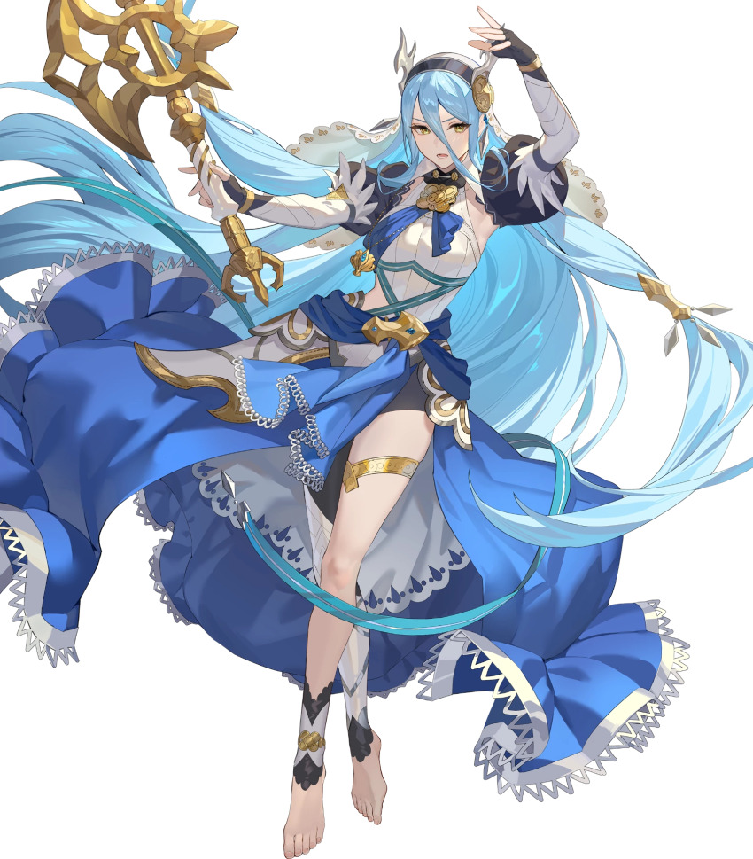 1girl attack axe azura_(fire_emblem) azura_(song&#039;s_reflection)_(fire_emblem) barefoot black_gloves blue_cape blue_hair blue_sash cape corrin_(female)_(fire_emblem) corrin_(female)_(fire_emblem)_(cosplay) corrin_(fire_emblem) cosplay dragon_horns fake_horns fingerless_gloves fire_emblem fire_emblem_fates fire_emblem_heroes gloves headdress highres holding holding_axe horns jewelry lace-trimmed_cape long_hair nintendo non-web_source official_alternate_costume official_art sash single_leg_pantyhose solo thighlet v-shaped_eyebrows very_long_hair waist_cape yellow_eyes