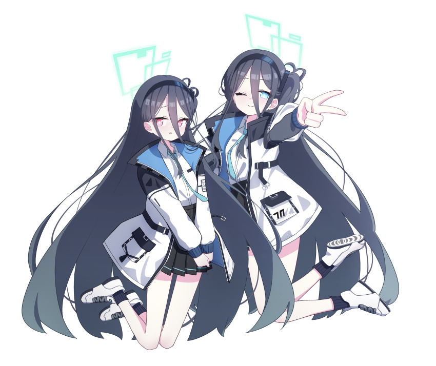 kei_(blue_archive) 2girls 525_woiwo absurdly_long_hair absurdres aqua_halo aris_(blue_archive) black_hair black_skirt blue_archive blue_eyes blue_necktie blush closed_mouth collared_shirt green_halo halo highres jacket long_hair long_sleeves multiple_girls necktie one_eye_closed open_clothes open_jacket parted_lips pleated_skirt rectangular_halo red_eyes revision shirt shoes simple_background skirt two-sided_fabric two-sided_jacket v very_long_hair white_background white_footwear white_jacket white_shirt