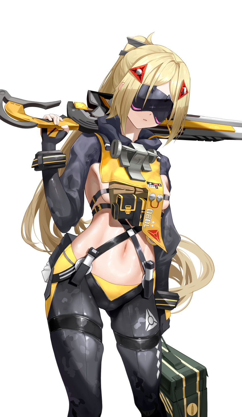 1girl absurdres arubino_(rpka2448) black_pants black_shrug blindfold blonde_hair camouflage camouflage_jacket camouflage_pants covered_eyes crop_top eye_mask fingerless_gloves gloves gun hair_ornament highres holding holding_gun holding_weapon incredibly_absurdres jacket long_hair navel pants ponytail rifle shrug_(clothing) sniper_rifle tight_clothes tight_pants triangle_hair_ornament trigger_(zenless_zone_zero) weapon white_background zenless_zone_zero zipper_pull_tab