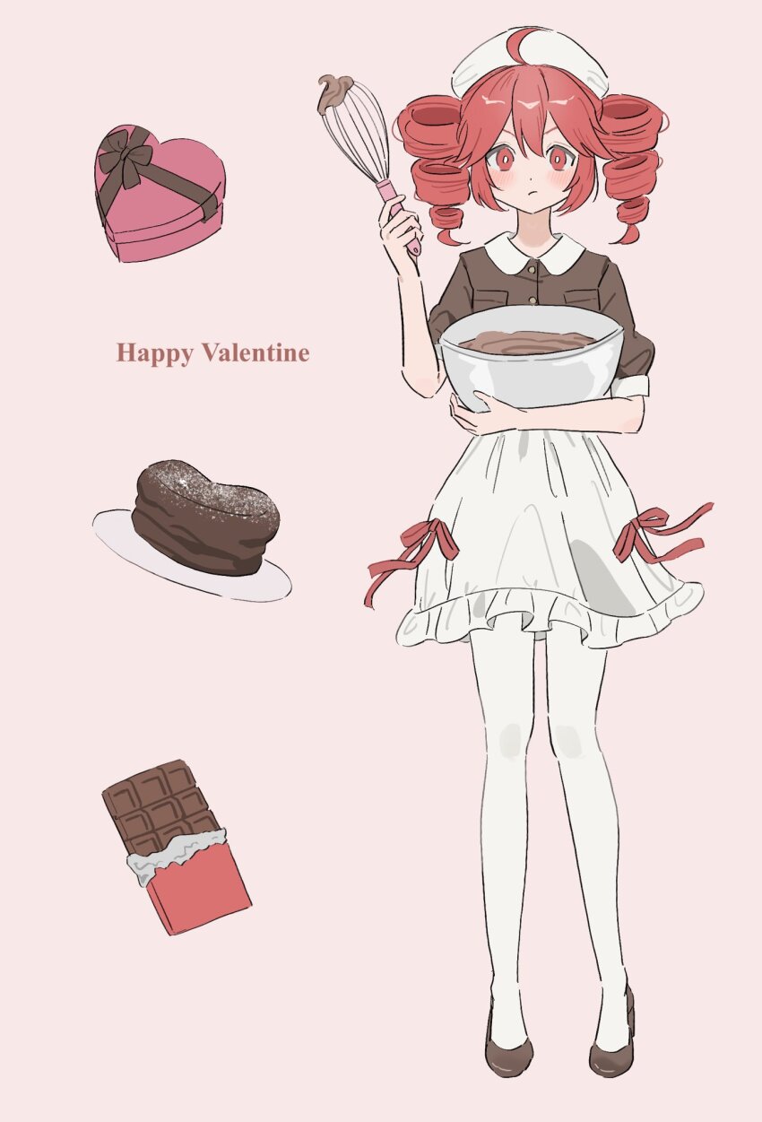1girl ahoge alternate_costume baking blush bowl box breast_pocket brown_shirt brown_shoes cake chocolate closed_mouth collared_shirt drill_hair food full_body hair_between_eyes happy_valentine hat heart-shaped_box highres holding holding_bowl holding_whisk kasane_teto pantyhose plate pocket red_eyes red_hair ribbon shirt shoes short_sleeves skirt solo twin_drills usrdna utau valentine whisk white_hair white_pantyhose white_skirt