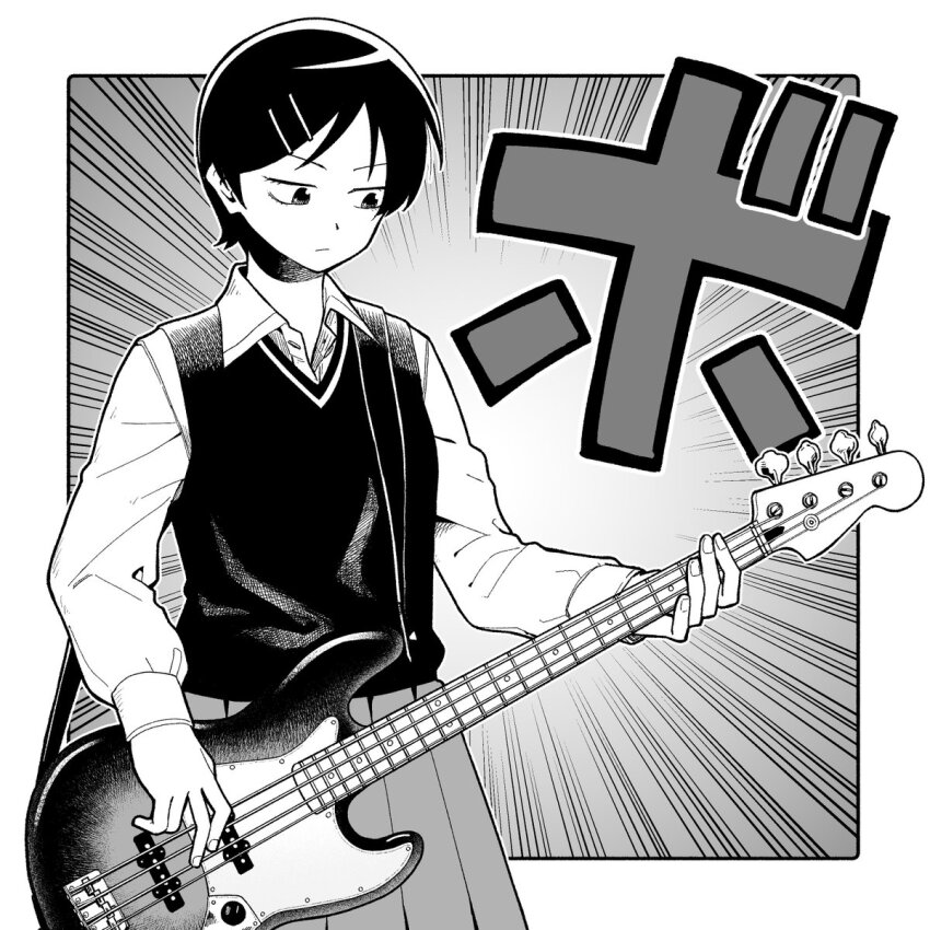 1girl bass_guitar collared_shirt commentary_request cowboy_shot dress_shirt bass_guitar emphasis_lines fender_jazz_bass futsuu_no_keion-bu greyscale guitar_strap hair_ornament hairpin highres instrument kouyama_rin long_sleeves looking_down mangakashibou monochrome music parted_bangs pixie_cut playing_bass_guitar playing_instrument pleated_skirt school_uniform shirt short_hair skirt solo sweater_vest v-shaped_eyebrows wing_collar