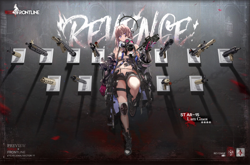 1girl against_wall ar-15 assault_rifle bikini bikini_top_only blue_eyes foregrip full_body gas_mask girls&#039;_frontline gun highres laser_sight lin+ long_hair mask mechanical_arms multicolored_hair navel official_alternate_costume official_art optical_sight pink_hair ponytail rifle short_shorts shorts solo st_ar-15_(girls&#039;_frontline) st_ar-15_(i_am_chaos)_(girls&#039;_frontline) streaked_hair suppressor swimsuit vertical_foregrip weapon white_bikini
