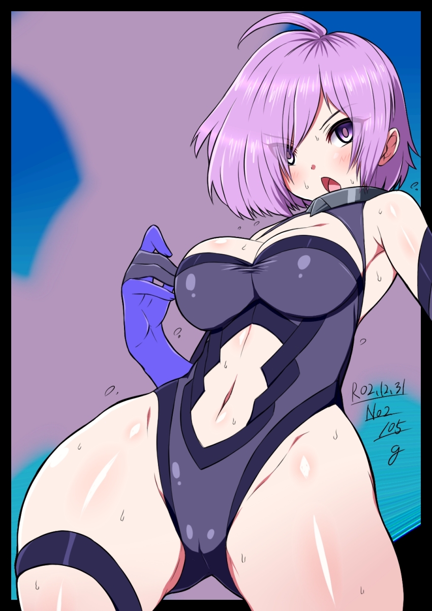 1girl bare_shoulders black_leotard blush breasts cleavage cleavage_cutout clothing_cutout collar elbow_gloves fate/grand_order fate_(series) gloves guriguri_(arayotto4351) hair_over_one_eye highleg highleg_leotard highres large_breasts leotard looking_at_viewer mash_kyrielight mash_kyrielight_(demi-servant) metal_collar navel navel_cutout open_mouth pink_hair purple_eyes purple_gloves short_hair solo thigh_strap thighs