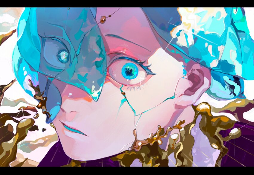 1other androgynous antarcticite aqua_eyes blue_hair breaking colored_eyelashes cracked_skin crystal_hair eye_reflection gem_uniform_(houseki_no_kuni) highres houseki_no_kuni liquid looking_at_viewer melting molten_metal open_mouth other_focus phosphophyllite portrait reflection solo translucent_hair wide-eyed xiaoxiaoguguzi