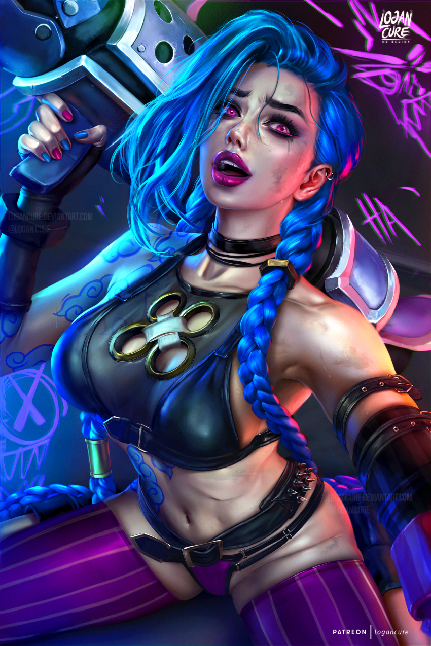 1girl :d absurdres alternate_breast_size arcane:_league_of_legends arcane_jinx arm_belt asymmetrical_bangs bare_shoulders belt bikini black_belt black_bikini black_choker blue_hair braid breasts choker cloud_tattoo collarbone crop_top deviantart_username gloves groin highres holding holding_weapon jinx_(league_of_legends) large_breasts league_of_legends logan_cure long_braid long_hair mismatched_bikini navel open_mouth pink_eyes purple_bikini purple_lips purple_thighhighs shiny_skin smile solo stomach striped_clothes striped_thighhighs swimsuit tattoo teeth thighhighs twin_braids weapon