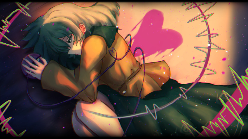 1girl cardiogram closed_mouth commentary english_commentary green_eyes green_hair green_skirt heart heart_of_string highres komeiji_koishi lightgrazer long_sleeves looking_at_viewer medium_hair shirt skirt solo third_eye touhou yellow_shirt