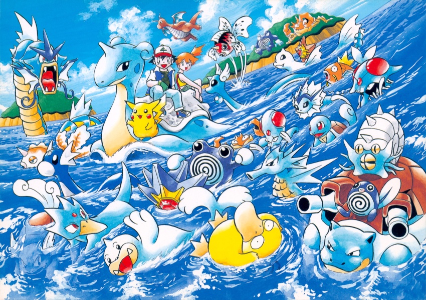 1boy 1girl 6+others absurdres aihara_kazunori ash_ketchum blastoise day dewgong dragon dragonair dragonite dratini game_freak gen_1_pokemon goldeen golduck gyarados highres horns jumping kingler krabby lapras looking_at_another misty_(pokemon) multiple_others nintendo ocean official_art omastar outdoors pikachu pokemon pokemon_(creature) poliwag poliwhirl poliwrath psyduck riding riding_pokemon seadra seaking seel single_horn sitting smile spikes squirtle starmie staryu swimming tail tentacool tentacruel vaporeon wartortle water