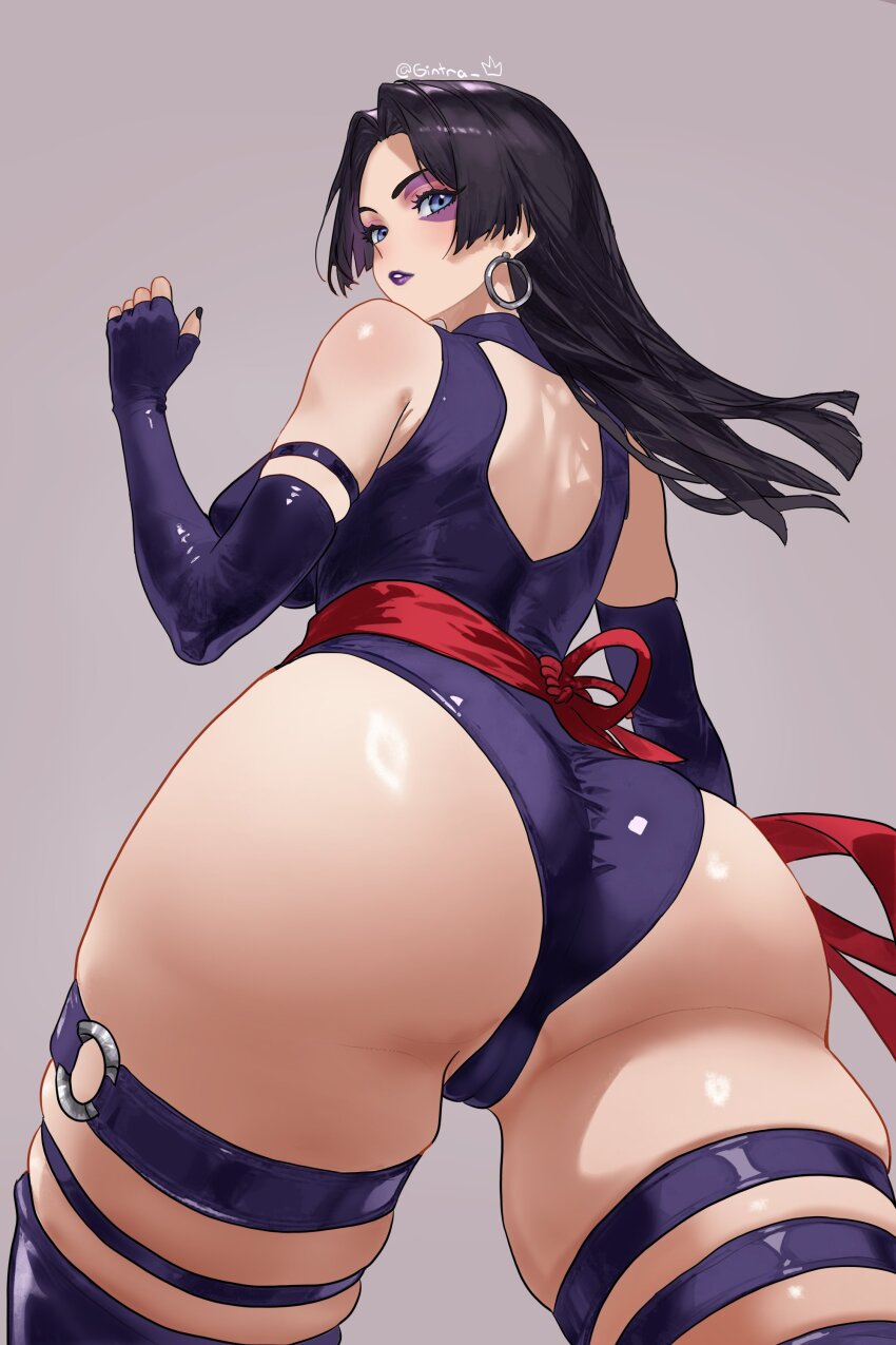 1girl absurdres artist_name ass ass_focus breasts butterfly_tattoo cameltoe female_focus gintra highres huge_ass large_breasts leotard looking_at_viewer looking_back marvel marvel_rivals psylocke psylocke_(marvel_rivals) purple_leotard solo standing tattoo thick_thighs thighs wide_hips
