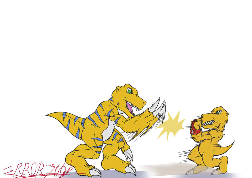 agumon agumon_(digimon_savers) agumon_x-antibody claw_pose claws digimon digimon_(creature) dinosaur dinosaur_tail errork03 fighting gloves green_eyes highres signature tail white_background