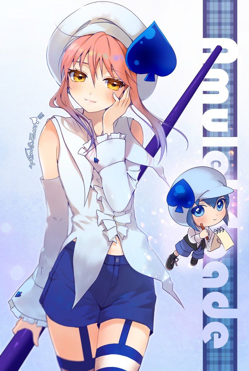 2girls absurdres amulet_spade blue_eyes blue_hair blue_shorts cowboy_shot detached_sleeves garter_straps hair_between_eyes hat highres hinamori_amu holding holding_brush holding_pen looking_to_the_side magical_girl miki_(shugo_chara!) multiple_girls pen pink_hair pita_(ppp) shorts shugo_chara! sidelocks smile spade_(shape) thighhighs yellow_eyes
