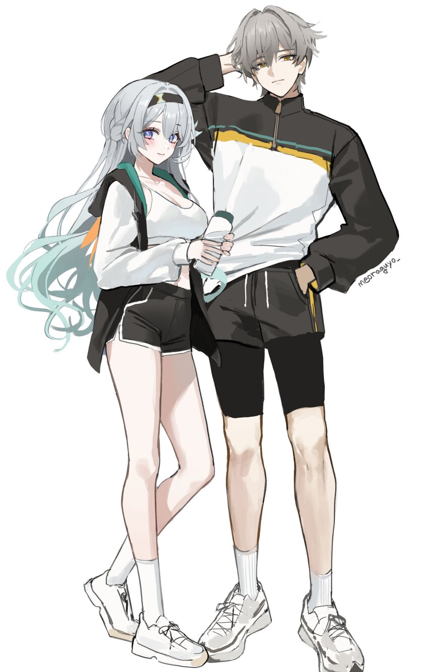 absurdres alternate_costume black_hairband blue_pupils caelus_(honkai:_star_rail) firefly_(honkai:_star_rail) full_body grey_hair hair_intakes hairband highres honkai:_star_rail honkai_(series) meoyo multicolored_eyes simple_background trailblazer_(honkai:_star_rail) two-tone_eyes white_background
