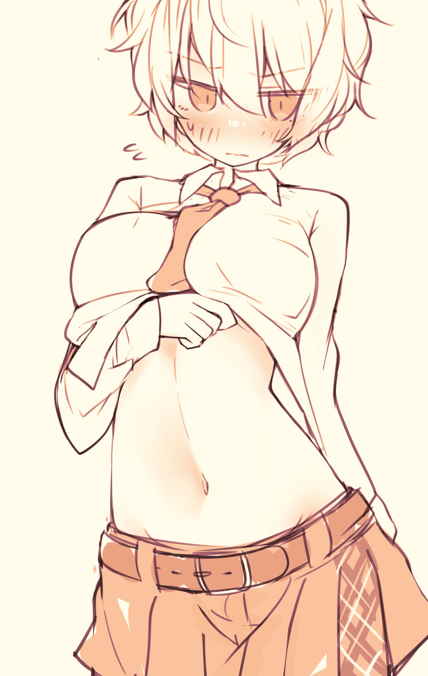 absurdres arm_under_breasts blush breasts closed_mouth clothes_lift damao_(kiwa777) highres large_breasts necktie non-web_source original shirt_lift short_hair simple_background source_request tagme white_hair