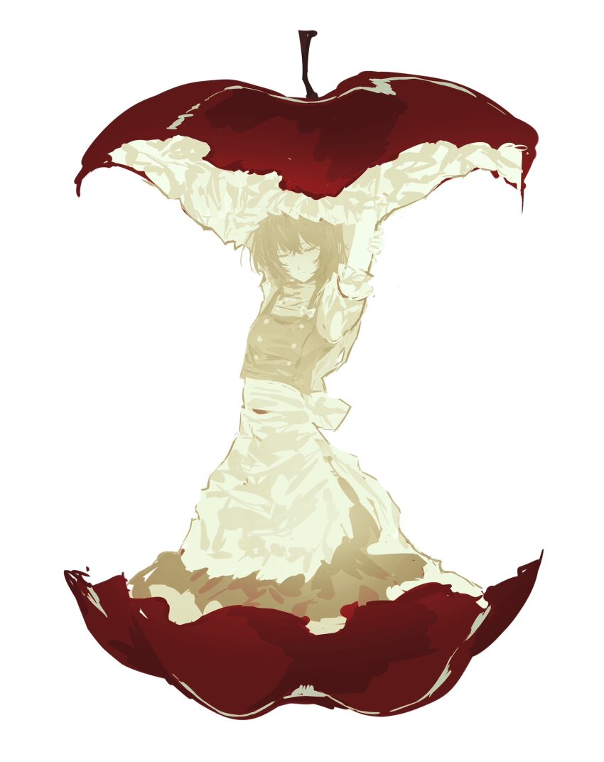 1girl apple apple_core apron arms_up closed_eyes commentary feet_out_of_frame food fruit highres in_food kirisame_marisa long_hair short_sleeves simple_background solo touhou waist_apron white_background wigfire