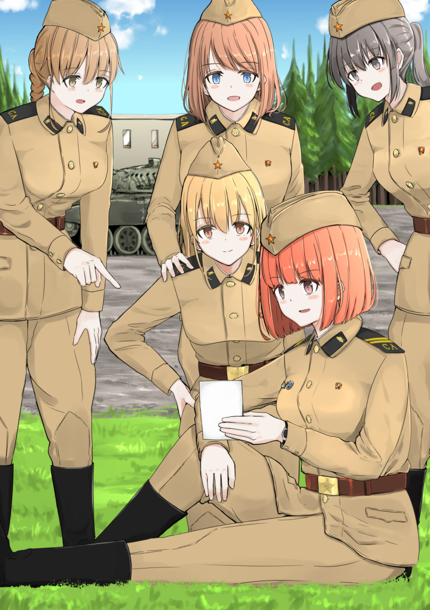 5girls bad_id bad_pixiv_id belt black_hair blonde_hair blue_eyes braid braided_ponytail breasts brown_eyes brown_hair building caterpillar_tracks cloud day grass hat highres long_hair maz543 military military_hat military_uniform military_vehicle motor_vehicle multiple_girls on_ground original photo_(object) pointing red_hair short_hair sitting sky smile soviet t-72 tank tree window