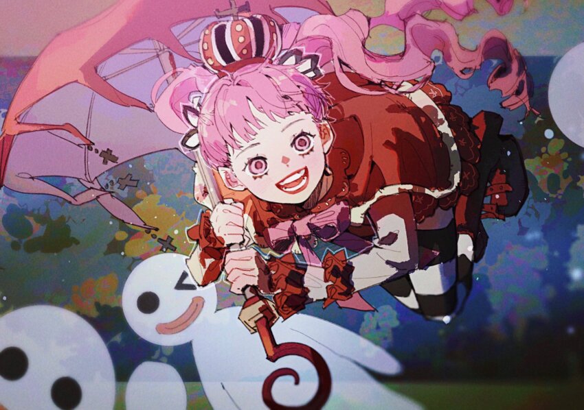 1girl blunt_bangs boots bow bowtie capelet commentary crown floating full_body ghost hair_bow highres holding holding_umbrella mini_crown one_piece onecata11 open_mouth perona pink_bow pink_bowtie pink_eyes pink_hair red_capelet red_crown red_lips skirt solo striped_clothes striped_thighhighs thighhighs twintails umbrella