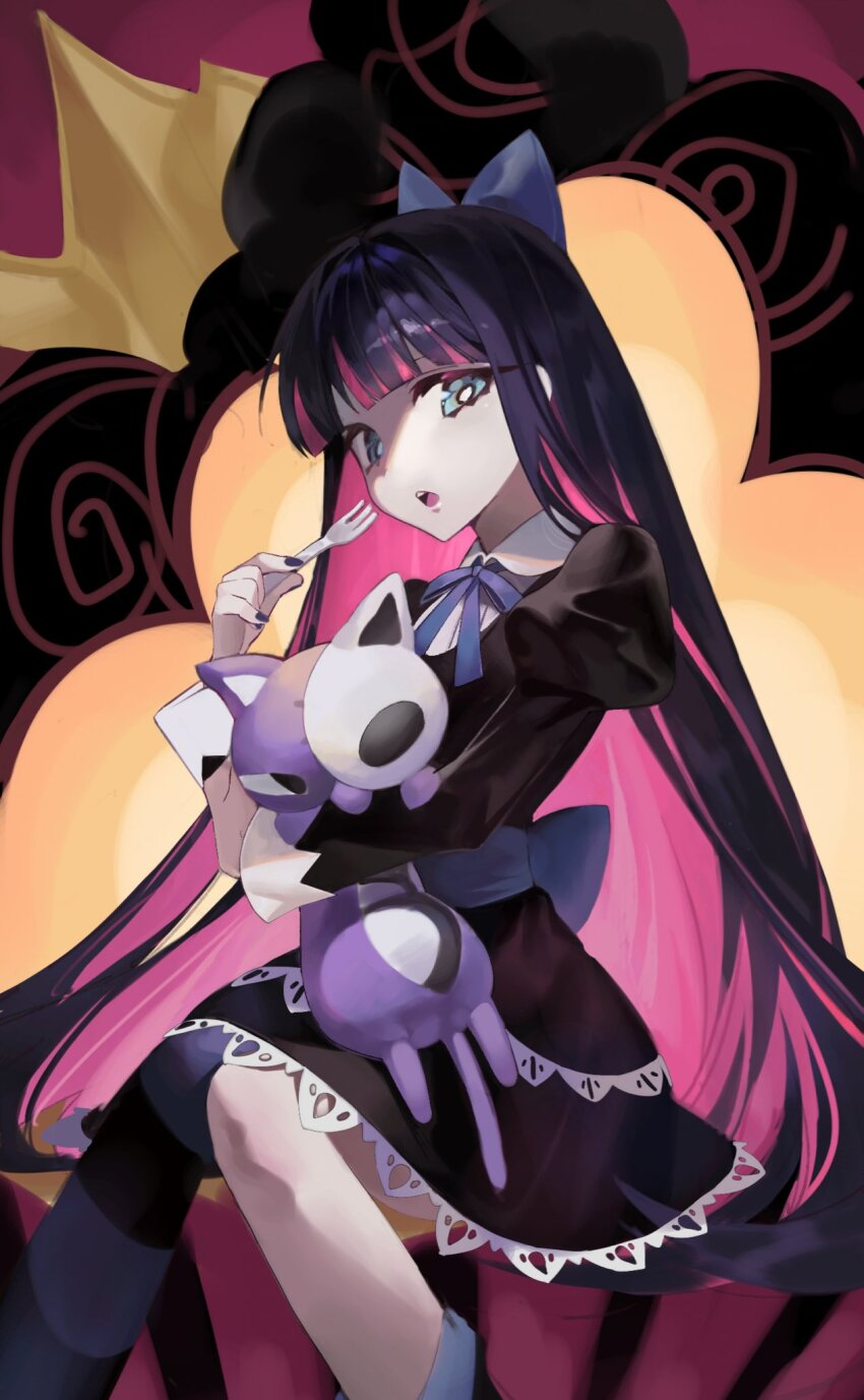 1girl bare_tree black_hair blue_bow blue_eyes blunt_bangs bow china_dress chinese_clothes colored_inner_hair coloringday dress fork hair_bow highres holding holding_fork holding_stuffed_toy lace lace-trimmed_dress lace_trim long_hair multicolored_hair open_mouth panty_&amp;_stocking_with_garterbelt pink_hair single_thighhigh solo stocking_(psg) streaked_hair striped_clothes striped_thighhighs stuffed_animal stuffed_toy teeth thighhighs tree upper_teeth_only very_long_hair