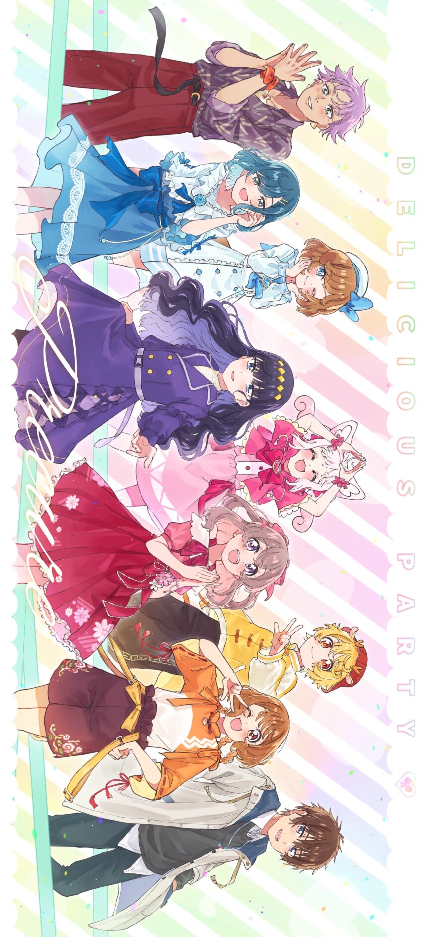 3boys 6+girls absurdres belt delicious_party_precure denim dress flower fuwa_kokone hanamichi_ran highres jeans kasai_amane kome-kome kome-kome_(human) long_hair long_sleeves mem-mem_(precure) mem-mem_(precure)_(human) miri_(crafimiri) multiple_boys multiple_girls nagomi_yui pam-pam pam-pam_(human) pants pastel_colors photo_shoot precure rosemary_(precure) shinada_takumi shirt short_hair short_sleeves skirt sleeveless twintails