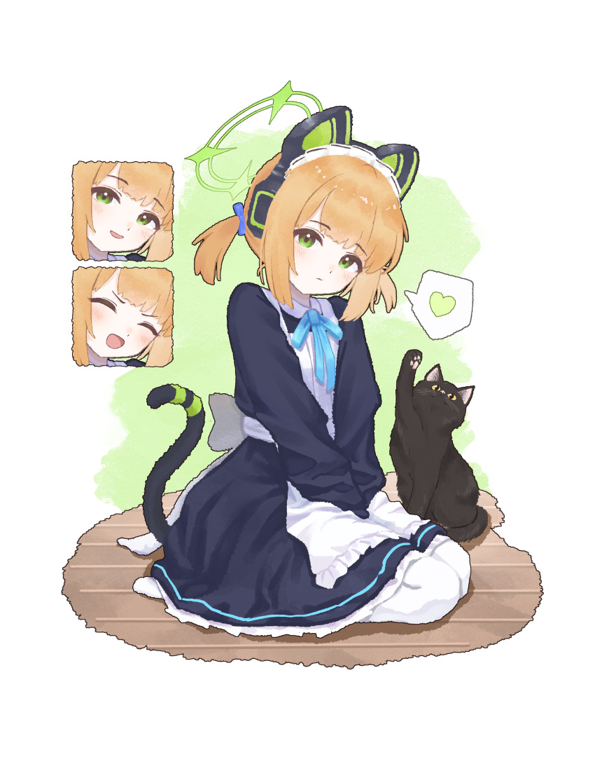 1girl ^_^ absurdres animal animal_ear_headphones animal_ears apron back_bow between_legs black_cat black_dress black_tail blonde_hair blue_archive blue_bow blue_bowtie blunt_bangs blush bow bowtie cat cat_ear_headphones cat_ears cat_tail closed_eyes closed_mouth collared_dress commentary contrast_collar dot_nose dress fake_animal_ears fake_tail frilled_apron frilled_dress frills full_body green_background green_eyes green_halo hair_bow halo hand_between_legs head_tilt headphones heart highres long_sleeves looking_at_viewer maid maid_apron maid_headdress medium_hair midori_(blue_archive) mill_(user_ypgc2873) multiple_expressions no_shoes official_alternate_costume official_alternate_hairstyle on_floor open_mouth pantyhose parted_bangs seiza shadow short_twintails sidelocks sitting smile smug solo spoken_heart tail tail_raised twintails two-tone_background v-shaped_eyebrows v_arms white_apron white_background white_bow white_headdress white_pantyhose