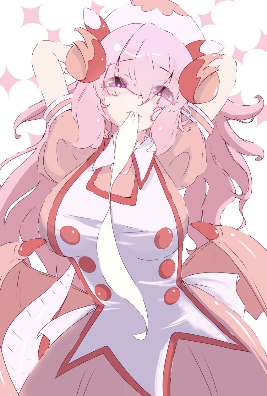 1girl arms_behind_head breasts cowboy_shot dragon_girl dragon_horns dragon_wings dress duel_monster hat highres horns kyuunoshippo_(cuticleretail) large_breasts low_wings maid maid_day mouth_hold nurse nurse_cap nurse_dragonmaid pink_dress pink_hair pink_wings simple_background solo wings yu-gi-oh!
