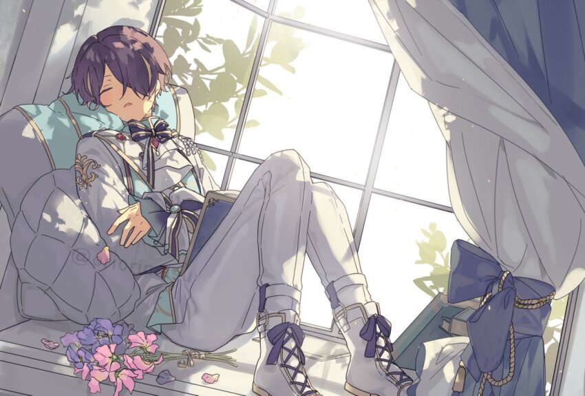 1boy ankle_boots ascot blonde_hair book book_on_lap boots bow bowtie closed_eyes curtains dutch_angle ensemble_stars! flower frilled_sleeves frills full_body gem green_gemstone hair_over_one_eye high_collar jacket knees_up lace-up_boots light_blush light_particles long_sleeves multicolored_hair official_alternate_costume open_mouth or_i pants pillow pink_flower puffy_long_sleeves puffy_sleeves puritan_collar purple_bow purple_bowtie purple_flower purple_hair red_gemstone sengoku_shinobu short_hair sleeping socks solo streaked_hair striped_bow striped_bowtie striped_clothes white_ascot white_background white_boots white_jacket white_pants white_socks window