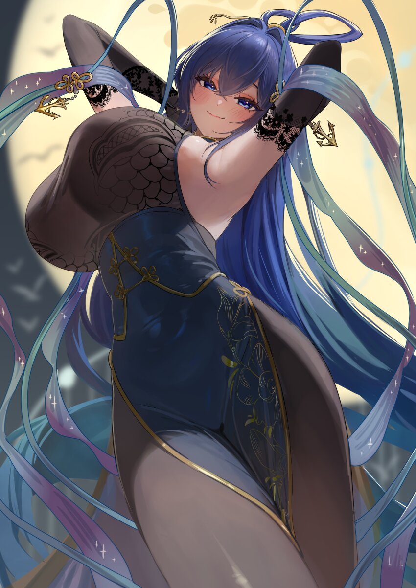1girl absurdly_long_hair absurdres arms_behind_head azur_lane blue_dress blue_eyes blue_hair blush bodystocking breasts china_dress chinese_clothes closed_mouth covered_navel detached_sleeves dress framed_breasts full_moon hair_between_eyes hair_ornament highres huge_breasts light_smile long_hair looking_at_viewer moon new_jersey_(azur_lane) new_jersey_(dancing_in_the_moonlight)_(azur_lane) nia_(nia4294) official_alternate_costume side_slit smile solo very_long_hair