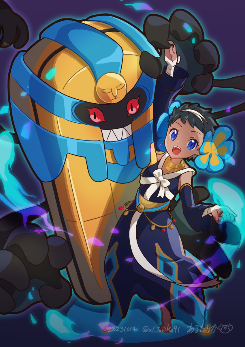 1girl :d arm_up arutarika_(ri_kaoekaki) barefoot black_dress black_hair blue_eyes cofagrigus commentary_request detached_sleeves dress eyelashes flower gen_5_pokemon hair_flower hair_ornament happy highres jewelry looking_at_viewer neck_ring nintendo official_alternate_costume open_mouth phoebe_(fall_2023)_(pokemon) phoebe_(pokemon) pokemon pokemon_(creature) pokemon_masters_ex short_hair smile teeth tongue upper_teeth_only