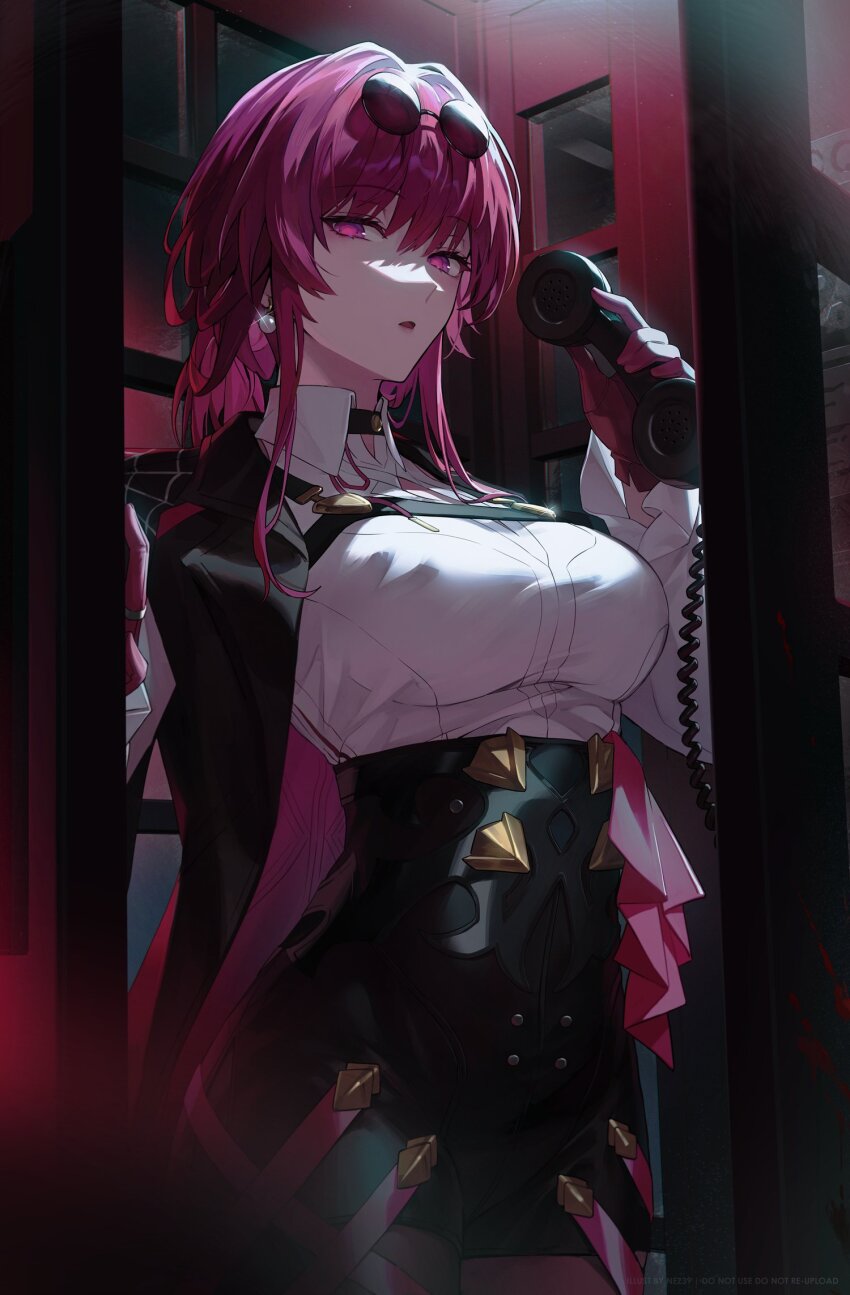 1girl black_shorts breasts collared_shirt commentary english_commentary eyewear_on_head glasses gloves highres holding holding_phone honkai:_star_rail honkai_(series) kafka_(honkai:_star_rail) large_breasts long_hair long_sleeves looking_at_viewer nez39 parted_lips phone phone_booth pince-nez purple_eyes purple_gloves purple_hair shirt shirt_tucked_in shorts solo sunglasses white_shirt