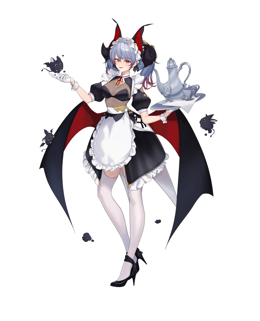 1girl absurdres animal animal_ears apron bat_(animal) bat_ears bat_girl bat_wings black_shoes breasts cup full_body gloves grey_hair high_heels highres holding large_breasts leviathan701 long_hair maid maid_headdress neck_ribbon original puffy_short_sleeves puffy_sleeves red_eyes red_ribbon ribbon shoes short_sleeves smile standing thighhighs waist_apron white_apron white_gloves white_thighhighs wings wrist_cuffs