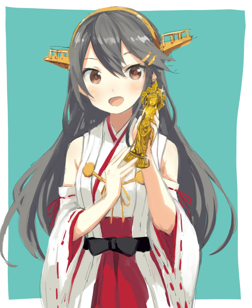 1girl blush brown_eyes commentary_request detached_sleeves grey_hair hair_between_eyes hair_ornament hairclip haruna_(kancolle) headgear highres holding holding_trophy japanese_clothes kantai_collection karamomo long_hair looking_at_viewer nontraditional_miko open_mouth ribbon-trimmed_sleeves ribbon_trim simple_background solo sparkle trophy two-tone_background wide_sleeves