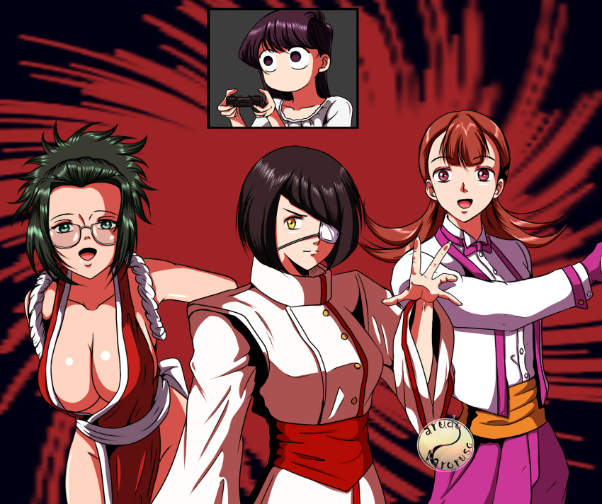 4girls agari_himiko artist_request breasts bug controller cosplay eyepatch fatal_fury game_controller glasses highres kagura_chizuru_(cosplay) king_(snk)_(cosplay) komi-san_wa_komyushou_desu komi_shouko large_breasts multiple_girls nakanaka_omoharu ryuuko_no_ken shiranui_mai_(cosplay) the_king_of_fighters yamai_ren