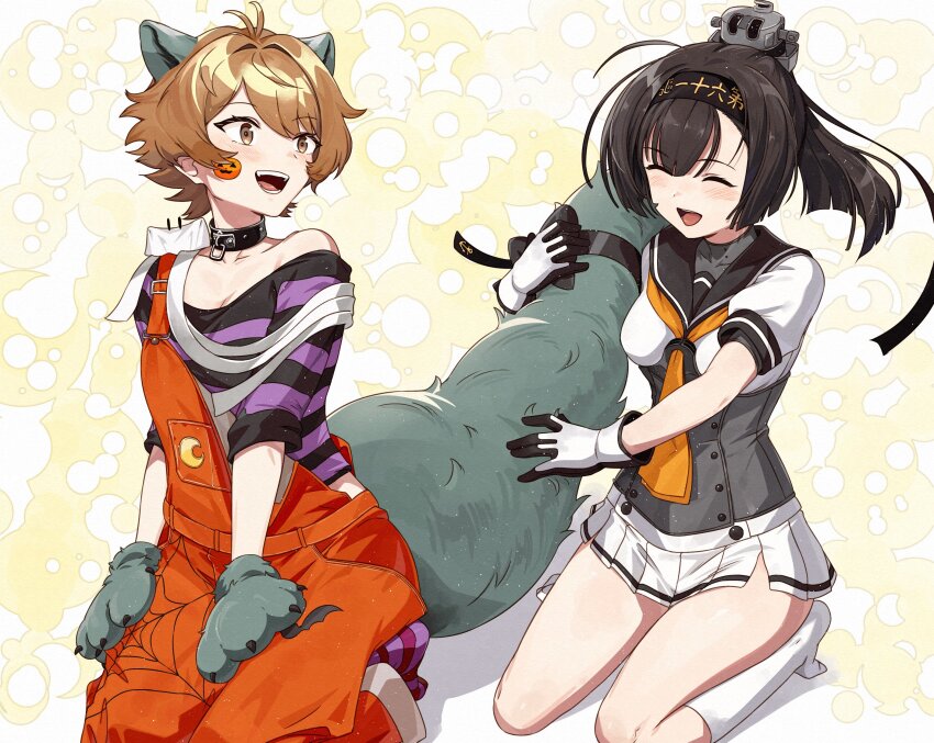2girls akizuki_(kancolle) anchor_symbol animal_ears animal_hands bandages black_hair black_sailor_collar breasts brown_hair commentary_request commission fake_animal_ears fake_tail gloves hachimaki halloween_costume headband highres kanmiya_shinobu kantai_collection long_hair medium_breasts miniskirt multiple_girls neckerchief oboro_(halloween)_(kancolle) oboro_(kancolle) official_alternate_costume open_mouth orange_neckerchief overalls paw_gloves pleated_skirt ponytail sailor_collar school_uniform serafuku shirt short_hair simple_background sitting skeb_commission skirt socks striped_clothes striped_shirt tail tail_grab translation_request white_skirt white_socks