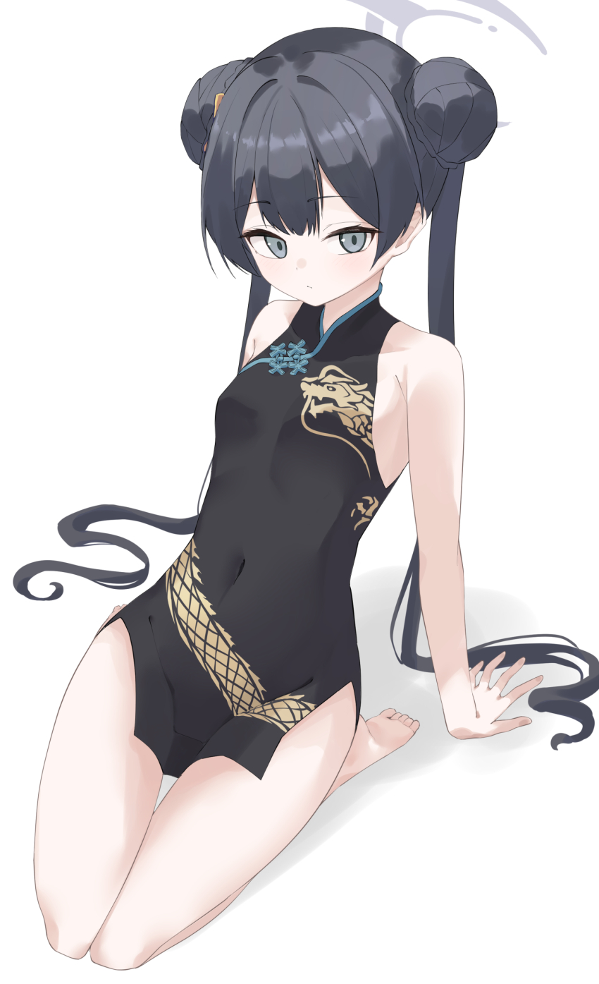 1girl absurdres arm_support bare_shoulders barefoot black_dress black_hair blue_archive blush breasts china_dress chinese_clothes commentary covered_navel crescent_halo double_bun dragon_print dress dutch_angle expressionless eyelashes grey_eyes grey_halo hair_bun hair_spread_out halo highres kisaki_(blue_archive) long_hair looking_at_viewer osmium-76 pelvic_curtain petite print_dress seiza short_dress simple_background sitting sleeveless sleeveless_dress small_breasts soles solo straight_hair thigh_gap thighs toes twintails very_long_hair white_background