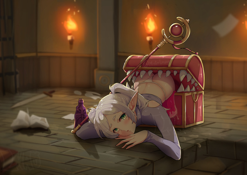 1girl absurdres ass book clothes-dissolving_potion crop_top elf fire frieren green_eyes grey_hair highres indoors long_hair looking_at_viewer mage_staff mimic mimic_chest open_book open_mouth panties pointy_ears saliva solo sousou_no_frieren srlmao sword tongue torch twintails underwear weapon white_panties