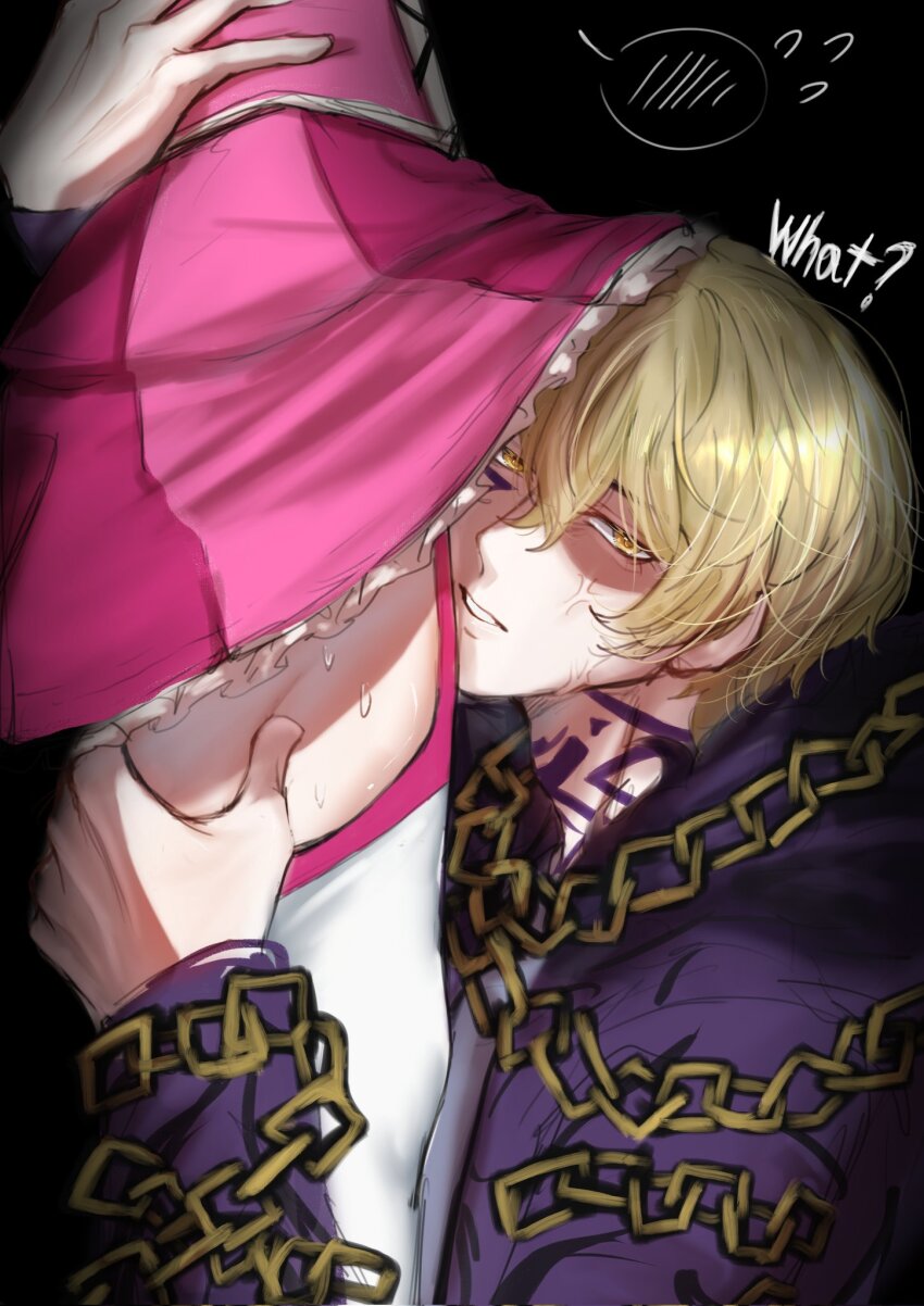 1boy 1girl blonde_hair chain character_request don_quixote_(project_moon) face_to_thighs garter_straps grabbing_another&#039;s_thighs hand_on_another&#039;s_thigh highres jacket limbus_company pink_garter_straps project_moon purple_jacket sawatdetukkon short_hair simple_background sinclair_(project_moon) tagme thighhighs white_thighhighs