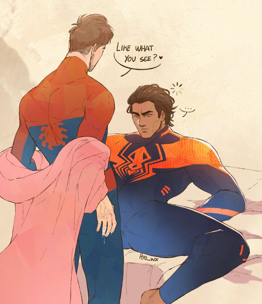 2boys bara beard_stubble blank_stare blue_bodysuit bodysuit bodysuit_under_clothes brown_hair coat dark-skinned_male dark_skin english_text facial_hair feet_out_of_frame hair_slicked_back highres hyo_wx large_pectorals looking_at_bulge lying male_focus marvel mature_male miguel_o&#039;hara multiple_boys muscular muscular_male on_back on_bed pectorals peter_b_parker pink_coat print_bodysuit red_bodysuit scottish_english_text short_hair sideburns spider-man:_across_the_spider-verse spider-man_(series) spider-verse spread_legs stubble thick_eyebrows two-tone_bodysuit veins veiny_hands yaoi