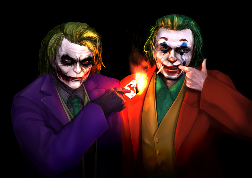 2boys arthur_fleck batman_(series) card cigarette clown dc_comics facepaint fire formal_clothes glasgow_smile green_hair green_neckwear hair_dye heath_ledger holding holding_card hoshikuzu_kizuna_(kizuna_stardust) joker_(2019) long_sleeves makeup male_focus multiple_boys necktie playing_card purple_suit red_suit smoke smoking suit the_dark_knight the_joker
