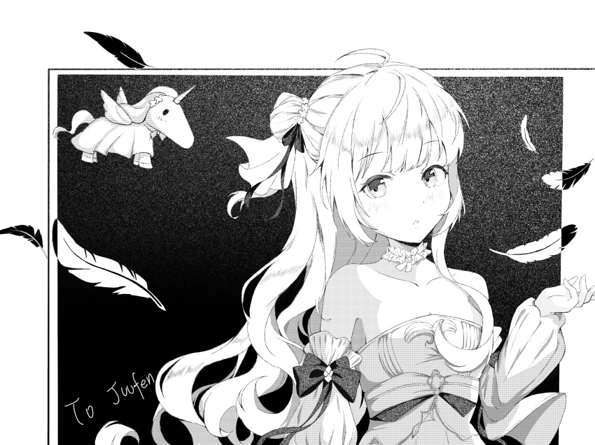 1girl azur_lane breasts choker collarbone commentary_request detached_sleeves dress feathers frilled_choker frills haichibugou hair_bun highres long_hair long_sleeves medium_breasts puffy_long_sleeves puffy_sleeves single_side_bun solo strapless strapless_dress stuffed_unicorn unicorn_(azur_lane) upper_body