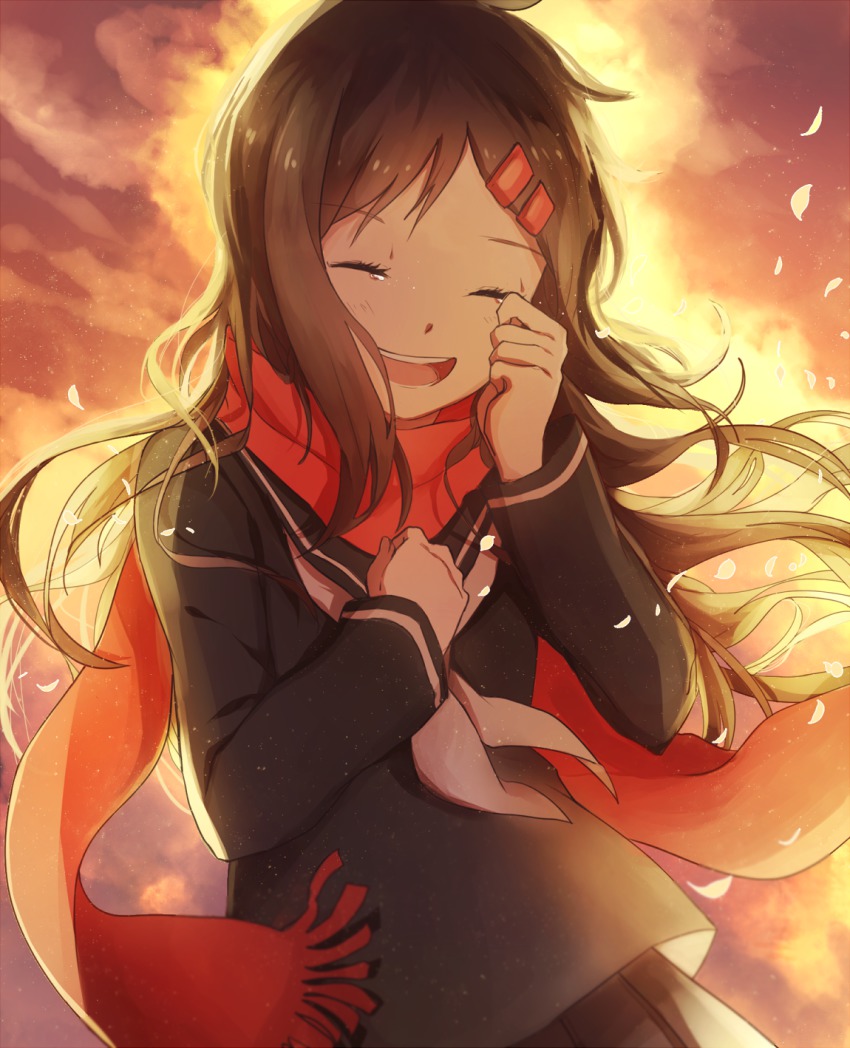 1girl :d bad_id bad_pixiv_id brown_hair closed_eyes domik female_focus highres kagerou_project long_hair open_mouth school_uniform smile solo tateyama_ayano tears