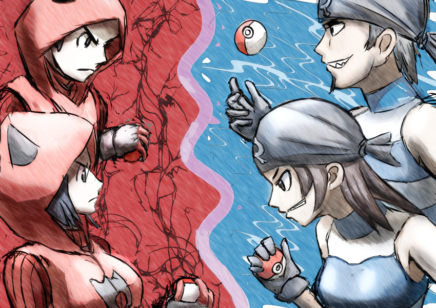 2boys 2girls bandana black_bandana black_hair hgus5855 highres holding holding_poke_ball hood hoodie looking_at_another multiple_boys multiple_girls nintendo poke_ball poke_ball_(basic) pokemon pokemon_oras sharp_teeth team_aqua_grunt team_aqua_grunt_(female) team_aqua_uniform team_magma_grunt team_magma_uniform teeth