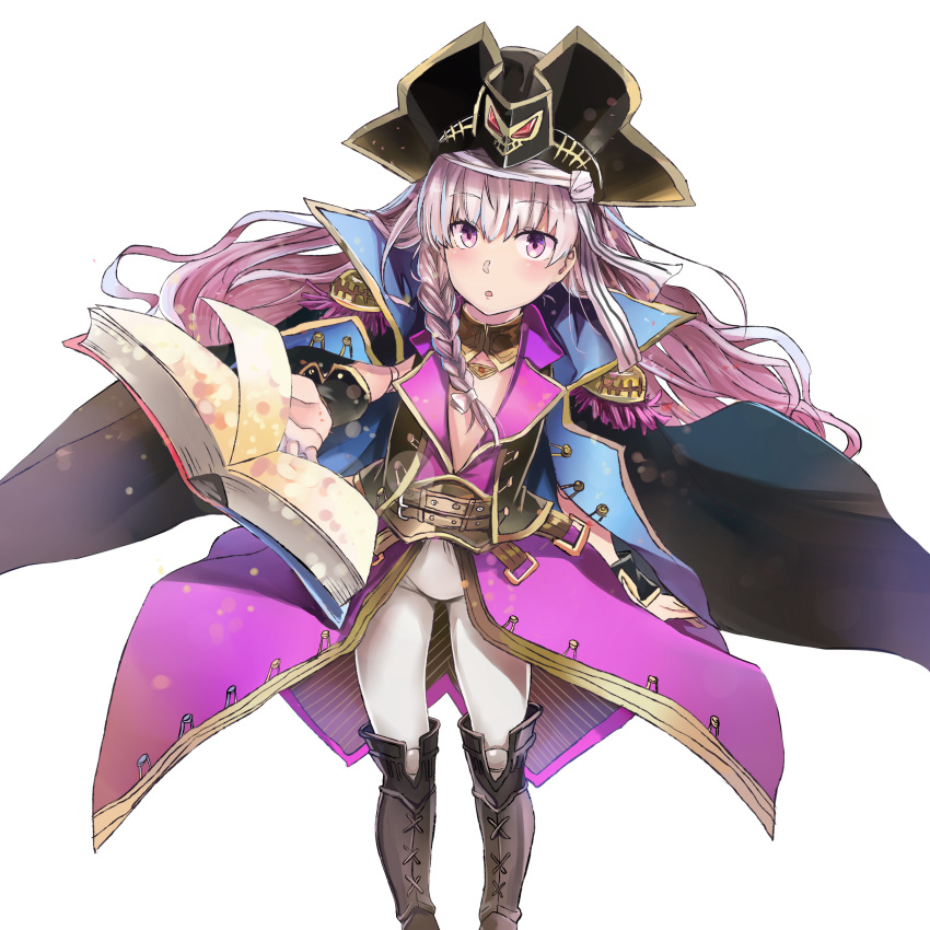 1girl absurdres book braid cosplay fate/grand_order fate_(series) female_focus francis_drake_(fate) francis_drake_(fate)_(cosplay) francis_drake_(third_ascension)_(fate) hat highres jacket jacket_on_shoulders jeffrey10 nursery_rhyme_(fate) open_book open_clothes open_shirt pants pirate_hat purple_eyes solo white_hair