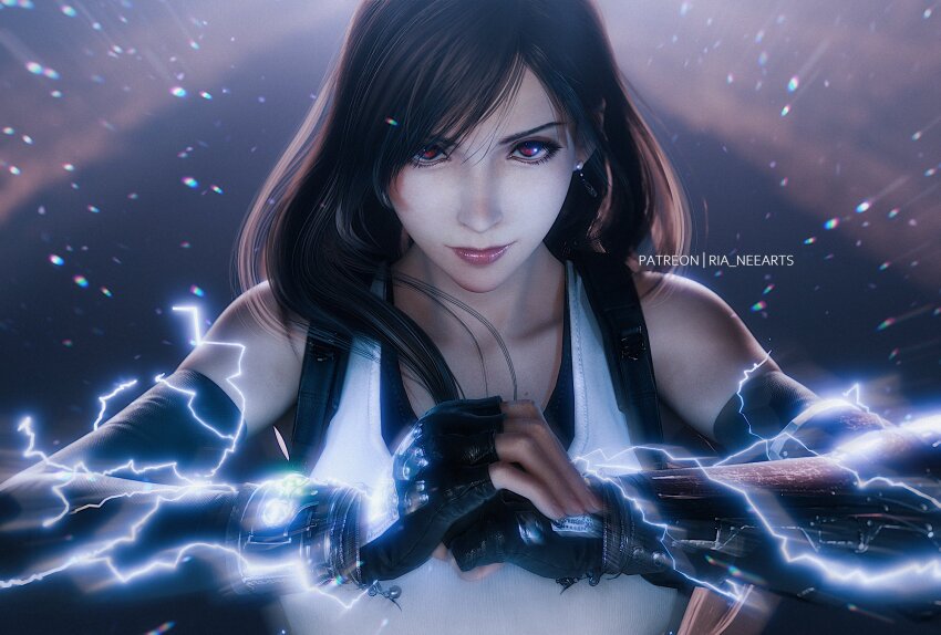 1girl 3d bare_shoulders black_gloves black_hair black_sports_bra bracelet breasts clenched_hand closed_mouth collarbone commentary earrings elbow_gloves electricity english_commentary eyelashes fighting_stance final_fantasy final_fantasy_vii final_fantasy_vii_remake fingerless_gloves gloves highres jewelry large_breasts light_particles lips long_hair looking_at_viewer materia own_hands_together patreon_username red_eyes red_lips ria_(baka-neearts) single_arm_guard single_sidelock solo sports_bra straight-on suspenders swept_bangs tank_top tifa_lockhart upper_body white_tank_top