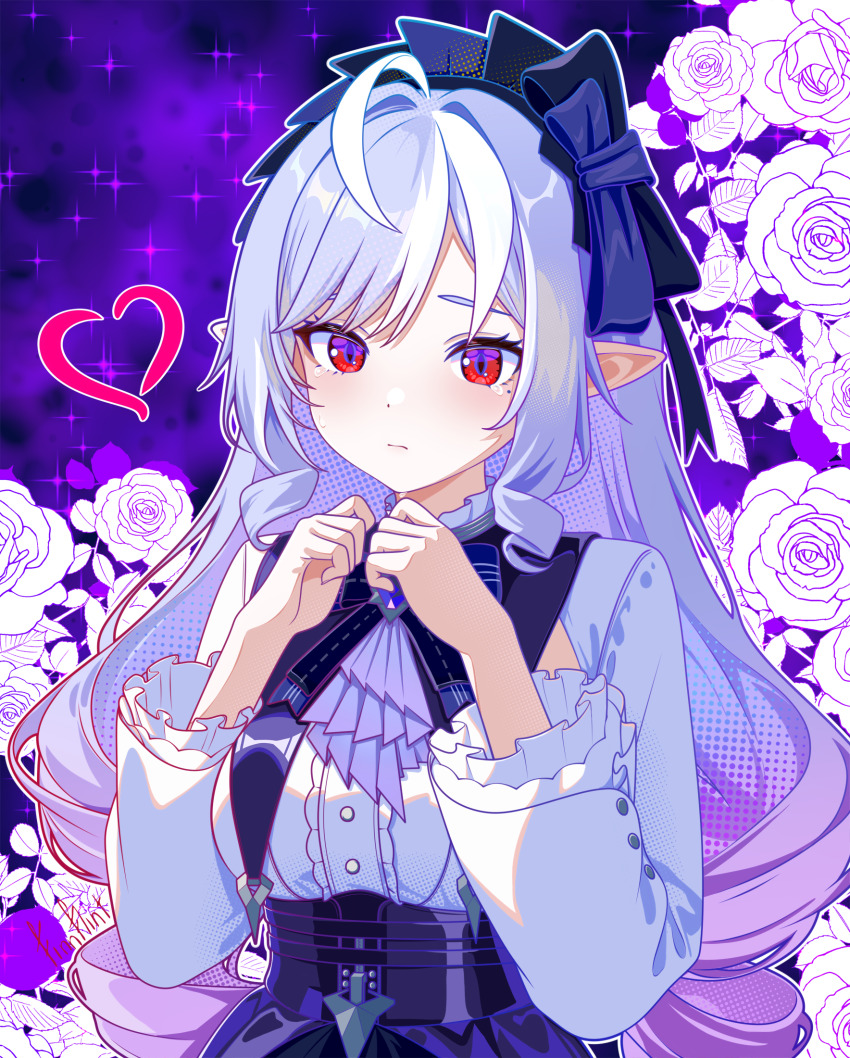1girl blush bow buttons closed_mouth commentary dress finn_flint floral_background flower frills hair_bow heart highres long_hair long_sleeves looking_at_viewer pointy_ears purple_hair red_eyes rose shirt solo sparkle upper_body vivian_banshee white_flower white_rose white_shirt zenless_zone_zero